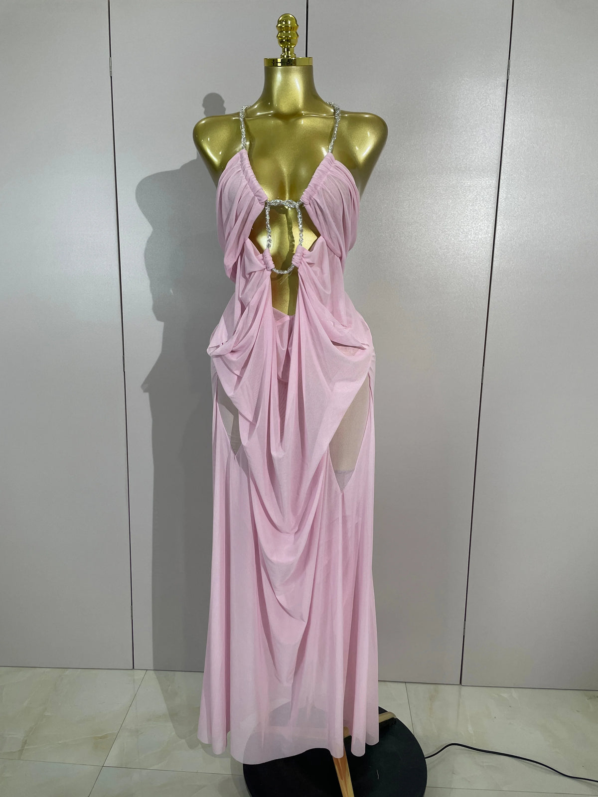 Elegant Luxury Chain Sexy Mesh See Through Halter Low-Neck Backless Sleeveless Long Dress Women Club Party Prom  Holiday Dresses