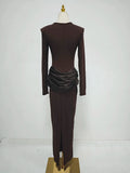 Elegant Style Pencil Dresses for Women O Neck Shoulder Pud Long Sleeve High Waist Pleated Slim Maxi Dress Female