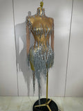 Sparkly Rhinestone Golden Sequins Tassel Sexy Transparent Dress Women Evening Birthday Party Nightclub Dance Singer Stage Outfit
