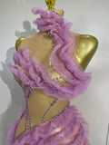 2026 Sparkly Rhinestone Ruffled Mesh See-Through Long Dress Women Birthday Eveing Party Sexy Photo Shoot Nightclub Stage Costume
