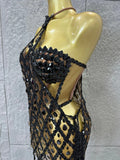 Sexy Crystal Mesh Halter Mini Dress Women Sheer Sequin Embellished Bodycon Outfit Birthday Party Nightclub Performance Costume