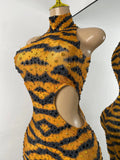 Sparkly Crystal Tiger Stripe Print Women Sexy Sleeveless Stretch Hollow Out Jumpsuit Nightclub Stage Performance Dance Costume