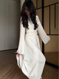 Chic Oriental Slim Long Dress Set Women Casual Stand Collar Full Sleeve Knot Button Slit Hem Suit Spring Lady Street Wears New