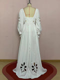 Fashion Style White Cutout Floral Accent Gown for Women Square Collar Puff Sleeve Asymmetric Train Skirt for Beach Elopement