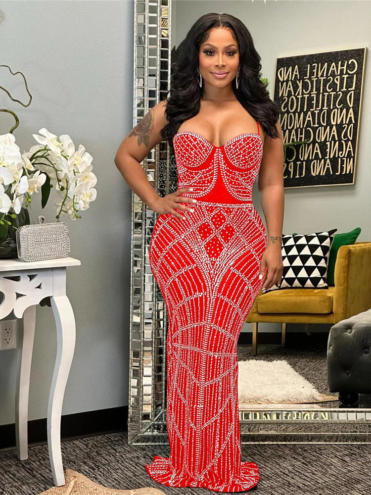 Sexy See Through Rhinestone Summer Maxi Dress Women 2026 Glitter Bodycon Club Party Dress Prom Evening Dresses Vestidos