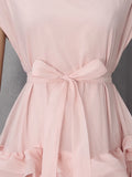 Elegant Spliced Tiered Ruffles Dress for Women O Neck Sleeveless Patchwork Lace Up Slim Formal Evening Puff Dresses Female