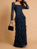 Wedding Guest Pink Square Collar Lace Maxi Dress for Women Corset Bodice Long Sleeve Tiered Ruffle Skirt for Luxury Dinner