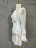 Madam Elegant See-Through Tulle Mesh High Halter Cross Twisted Waist Cut Out RuchedMini Dress Flared Cuff Ruffle Night OutOutfit