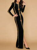 Black Velvet Holiday Celebrations Maxi Gown for Women O Neck Gold Trim Slim Jewel Accent High Slit Dresses for Luxury Dinner