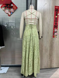 Jacquard Chiffon Long Dress Women's Backless Bandage Dresses Summer Evening Wedding Guest Green White Burgundy Pink Graduation