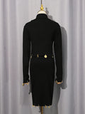 Fashion Spliced Metal Pin Two Piece Set for Women Stand Collar Long Sleeve Pullvers Mid Waist Bodycon Knee Skirt Suit Female