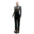 Women's Sheer Diamonds Tassel Jumpsuit See-through High Collar Hot Diamond Shoulder Padded Long Sleeved Party Jumpsuit