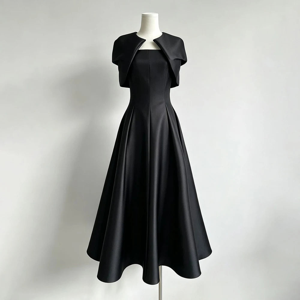 Retro Solid Color Satin Fake Two Piece Shawl Long Dress 2026 New Women'S High Waisted Dress Elegant Dinner Gown
