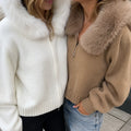 Women Hooded Knit Cardigan Sweater Coat Fluffy Faux Fur Collar Two Way Zip Solid  Loose Casual Jacket 2026 Autumn Winter