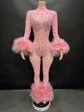 New Sexy See-through Red Fur Stone Club Wear Jumpsuit Long Women's Jumpsuit Rhinestone Mesh Jumpsuit