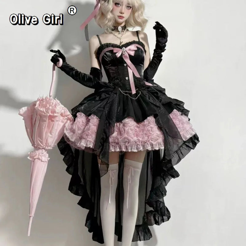 Olivegirl Sweet Pink Lolita Dress 2026 JSK Strap Dress Y2K Cosplay Princess Banquet Lace Patchwork Birthday Dress for Women