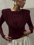Folds Temperament Style T Shirt for Women Swing Neck Long Sleeve Tunic Slimming Fashion Autumn Tees Female Clothing
