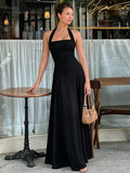 Solid Square Neck Around The Neck Maxi Dress Slim Fit Sleeveless Backless Long Gowns Elegant Women's Dinner Guest Evening Robes