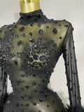 Luxury Diamond Black Mesh Transparent Stretchy Long Sleeve Jumpsuit Women Sexy Performance Singer Costume Nightclub Outfit
