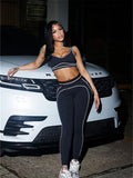 Casual Sporty 2 Piece Set Women Tracksuit Patchwork Stretch Tank Top+Leggings Stripe Matching Street Skinny Outfits