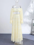 Sexy Off Shoulder Top Maxi Skirt Sets Chic Ruffled Sheer Chiffon Crop Tops High Waist Skirt 2026 New Lady Vacation Party Outfit