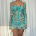 Glitter Sequins Knitted Skirt Sets Women 3 Piece Outfit Vacation Festival Clothing Sheer Top and Mini Skirt Matching Sets