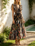 Bohemian Deep V Neck Ruffle Sleeve Maxi Dress Women Leopard Tropical Animal Floral Print Smocked Waist for Vacation Daily