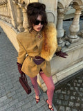 Camel Plaid Wool Blend Blazer Women Belted Waist Faux Fur Collar Vintage Shoulder Pads Coats Elegant Winter Outerwear Jackets