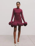 Elegant Slimming Spliced Ruched Mini Dresses For Women Flower Bud Design With Long Sleeves High Waist Dress Female New
