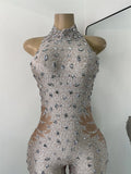 Women Sexy Spandex Rhinestones Sleeveless Tight Jumpsuit Celebrate Birthday Evening Club Rompers Photo Shoot Wear