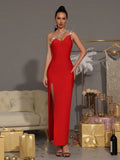 High Quality Sexy One Shoulder Shinning Diamond Bodycon Bandage Long Dress Women Fashion Celebrate Evening Party Vestido