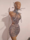 Women Eveing Party Dancer Nightclub Sexy Stage Photo Shoot Costume Sparkly Rhinestones Sleeveless Mesh See-Through Mini Dress