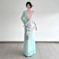 Printed Pink Green Elegant Cheongsam Dress Retro slim-fit Mesh Sleeveless Long Dress For Women Dance Qipao