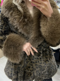 Leopard Print Faux Fur Jacket Womens Long Sleeve Fur Collar Cuff Pockets Coat Autumn Party Winter Streetwear Trendy Outerwear