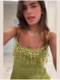 Women Chic Lime Green Satin Slip Skirt Sexy Sequin Fringe Bust Spaghetti Strap Bodycon Mini Dress Summer Party Vacation Wear New
