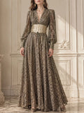 Glitter Deep V Flowy Floor Dress for Women Long Sleeve Ruched Bodice Gold Decorated Wide Waistband A Line Length for Party