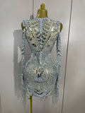 Luxury Evening Party Birthday Nightclub Photo Shoot Wear Sexy Mesh Sparkly Diamonds Sequin Tassels Long Sleeves Sheer Mini Dress