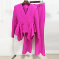 Red V-Neck Irregular High Waisted Blazer Suit Jacket High Waisted Long Pants Set Formal Women'S Two-Piece Set