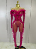Women Celebrity Evening Party Bar Nightclub Dancer Sexy Stage Costumes Sparkly Rhinestone Long Sleeves Mesh See Through Jumpsuit