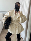 Women's Double Breasted Trench Coat Lapel Waist-Cinching Lace Up Mid Length Windbreaker Jacket Autumn Casual Street Coat