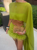 Lime Two Piece Set Long Flowing Cape Crop Top Feather Trim High Waist Mini Skirt 2026 Summer Party Lady Chic Outfit