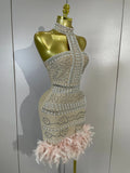 Woman Evening Party Club Cocktail Luxury Birthday Dresses Sparkly Diamonds Pearl Feathers Sleeveless Bodycon Short Bandage Dress