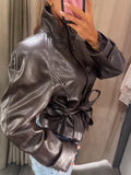 Stand Collar Faux Leather Cropped Jacket Waist Belted Button Long Sleeve Outerwear Winter New Street Women Daily Casual Outfit