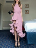 Sexy Spliced Ruffled Hem Midi Dress for Women Halter Sleeveless High Waist Patchwork Lace Up Slim Dresses Female
