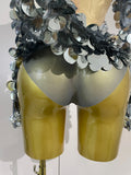 Sexy Sparkly Silver Rhinestones Sequins Mesh Stretch Bodysuit Eveing Birthday Party Nightclub Bar Singer Dancer DJ Stage Costume