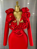 Red Color Women Long Sleeve Sexy V-Neck Florals Golden Sequined Bodycon Long Bandage Dress Winter Celebrate Evening Outfit