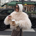Chic Street Girls Round Neck Faux Mongolia Sheep Fur Coat Women 2026 Winter Fluffy Warm Fur Jacket Cropped Outerwear