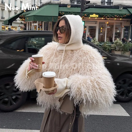 Chic Street Girls Round Neck Faux Mongolia Sheep Fur Coat Women 2026 Winter Fluffy Warm Fur Jacket Cropped Outerwear