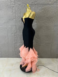 Elegant Bandage Mermaid Dress with Nude Mesh V-Neck and Pink Tulle Ruffle Bottom for Prom Formal Dinner Event Outfit