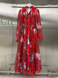 Floral Print Shirt Maxi Dress for Women Point Collar Long Lantern Sleeve Button Front Detachable Buckle Belt Sheer Chiffon
